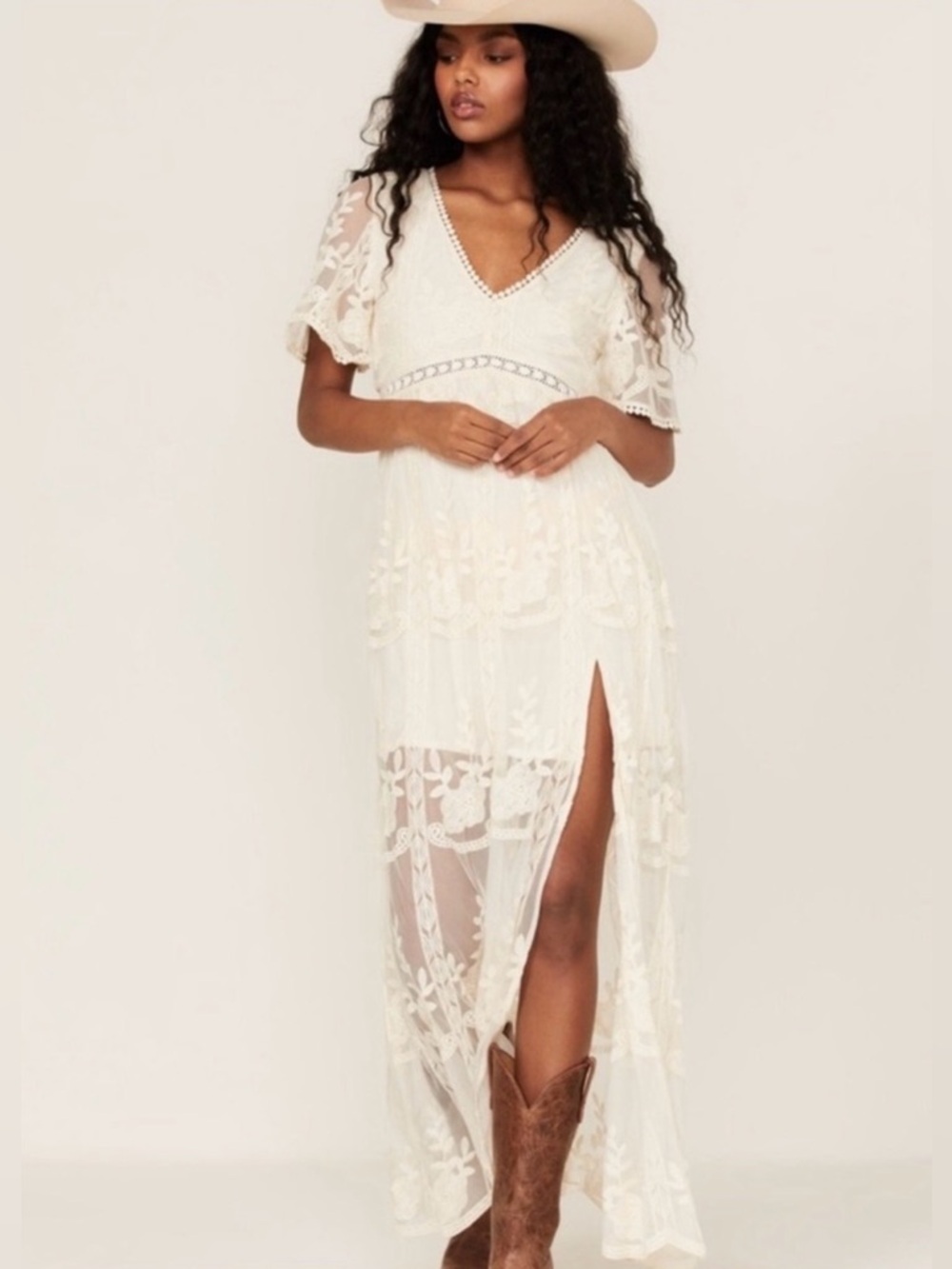Shyanne Cream Lace Embroidered Maxi Dress from Boot Barn